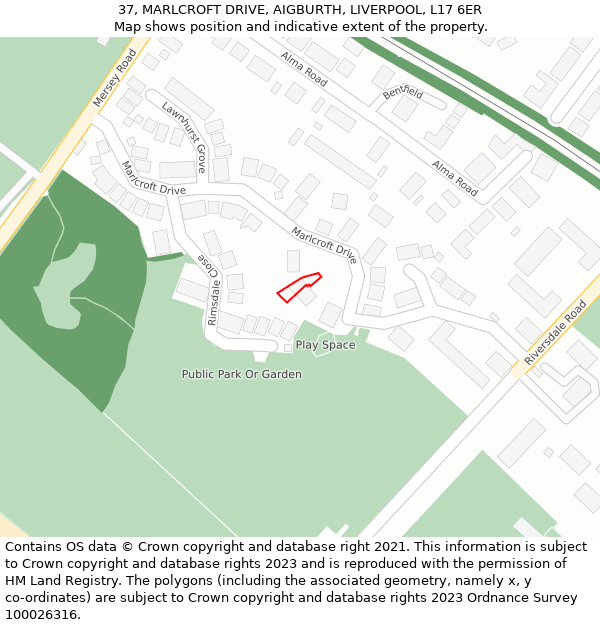 37, MARLCROFT DRIVE, AIGBURTH, LIVERPOOL, L17 6ER: Location map and indicative extent of plot