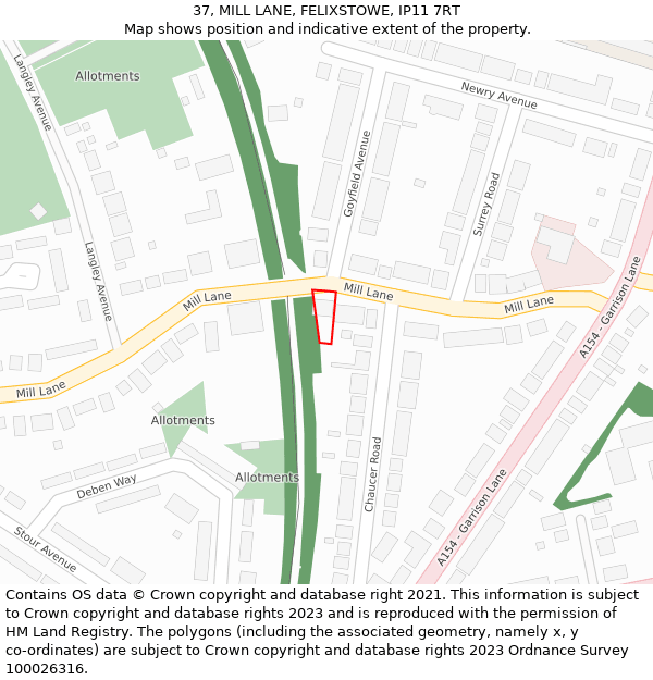 37, MILL LANE, FELIXSTOWE, IP11 7RT: Location map and indicative extent of plot