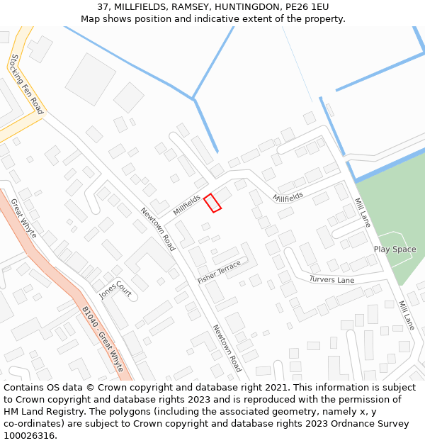 37, MILLFIELDS, RAMSEY, HUNTINGDON, PE26 1EU: Location map and indicative extent of plot