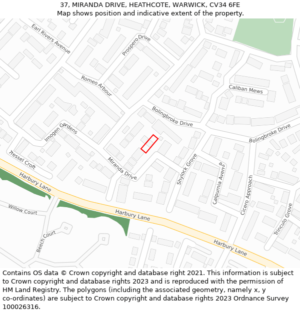 37, MIRANDA DRIVE, HEATHCOTE, WARWICK, CV34 6FE: Location map and indicative extent of plot