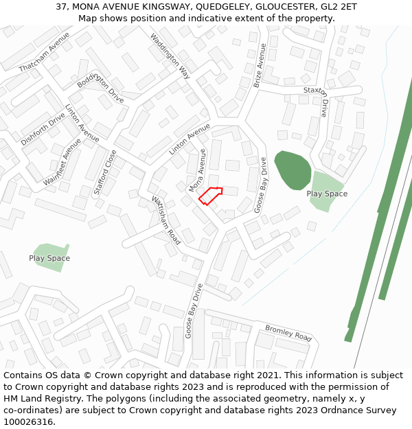 37, MONA AVENUE KINGSWAY, QUEDGELEY, GLOUCESTER, GL2 2ET: Location map and indicative extent of plot