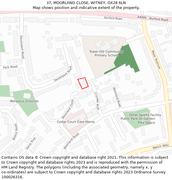 37, MOORLAND CLOSE, WITNEY, OX28 6LN: Location map and indicative extent of plot