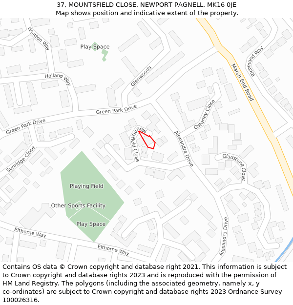 37, MOUNTSFIELD CLOSE, NEWPORT PAGNELL, MK16 0JE: Location map and indicative extent of plot