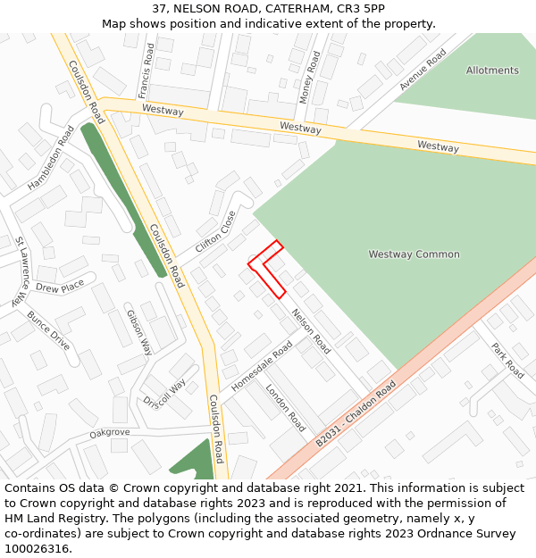 37, NELSON ROAD, CATERHAM, CR3 5PP: Location map and indicative extent of plot