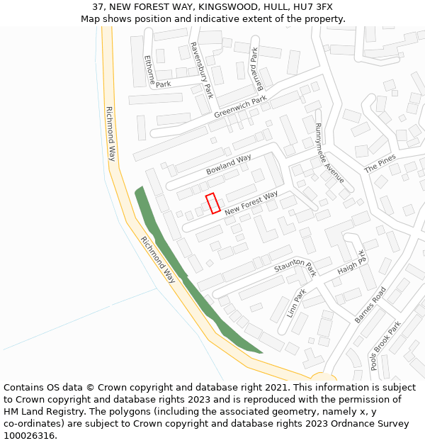 37, NEW FOREST WAY, KINGSWOOD, HULL, HU7 3FX: Location map and indicative extent of plot