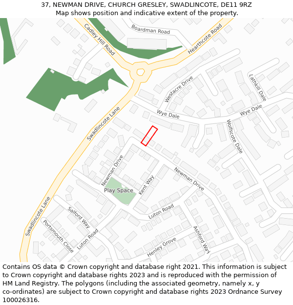 37, NEWMAN DRIVE, CHURCH GRESLEY, SWADLINCOTE, DE11 9RZ: Location map and indicative extent of plot