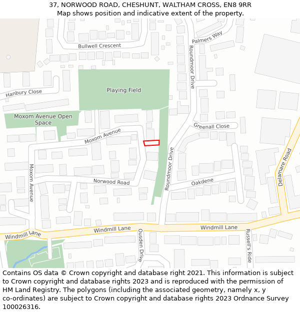37, NORWOOD ROAD, CHESHUNT, WALTHAM CROSS, EN8 9RR: Location map and indicative extent of plot