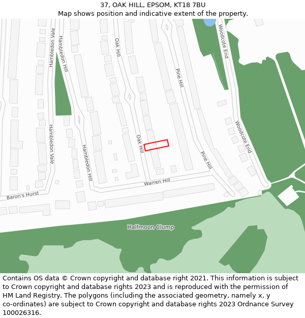 37, OAK HILL, EPSOM, KT18 7BU: Location map and indicative extent of plot