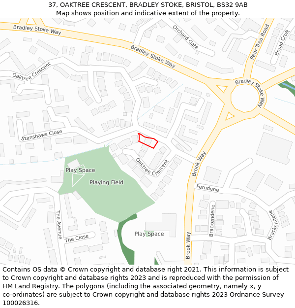 37, OAKTREE CRESCENT, BRADLEY STOKE, BRISTOL, BS32 9AB: Location map and indicative extent of plot