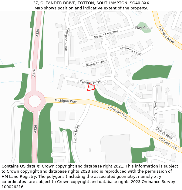 37, OLEANDER DRIVE, TOTTON, SOUTHAMPTON, SO40 8XX: Location map and indicative extent of plot