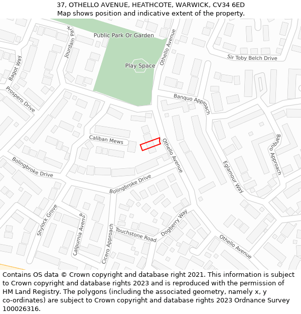 37, OTHELLO AVENUE, HEATHCOTE, WARWICK, CV34 6ED: Location map and indicative extent of plot