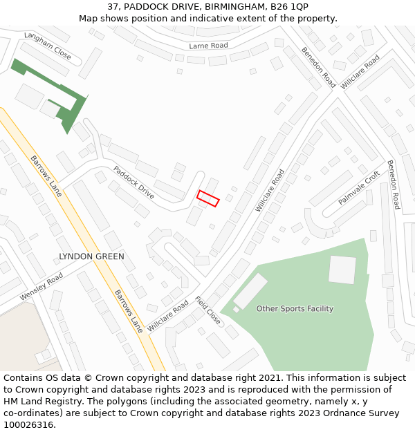 37, PADDOCK DRIVE, BIRMINGHAM, B26 1QP: Location map and indicative extent of plot