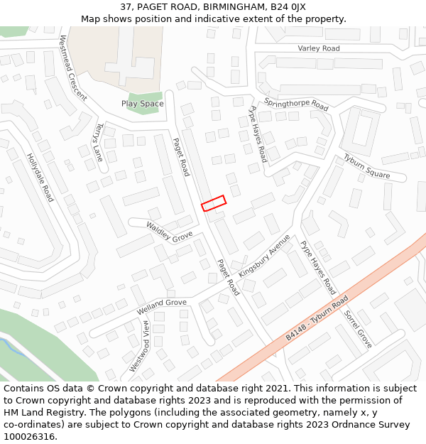 37, PAGET ROAD, BIRMINGHAM, B24 0JX: Location map and indicative extent of plot