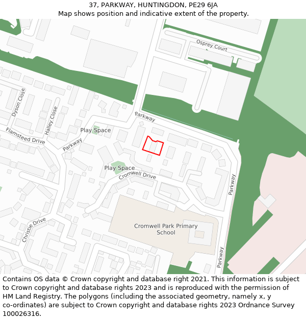 37, PARKWAY, HUNTINGDON, PE29 6JA: Location map and indicative extent of plot