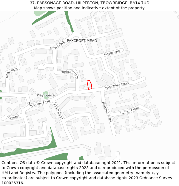 37, PARSONAGE ROAD, HILPERTON, TROWBRIDGE, BA14 7UD: Location map and indicative extent of plot