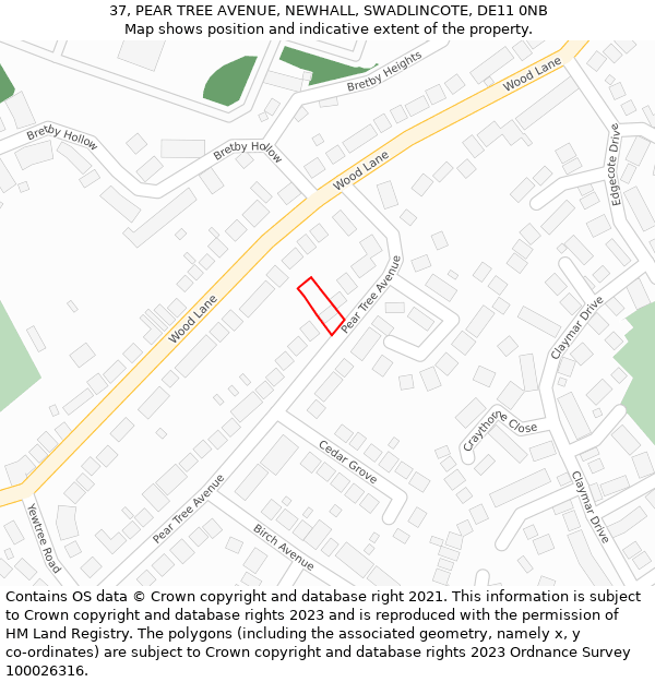 37, PEAR TREE AVENUE, NEWHALL, SWADLINCOTE, DE11 0NB: Location map and indicative extent of plot
