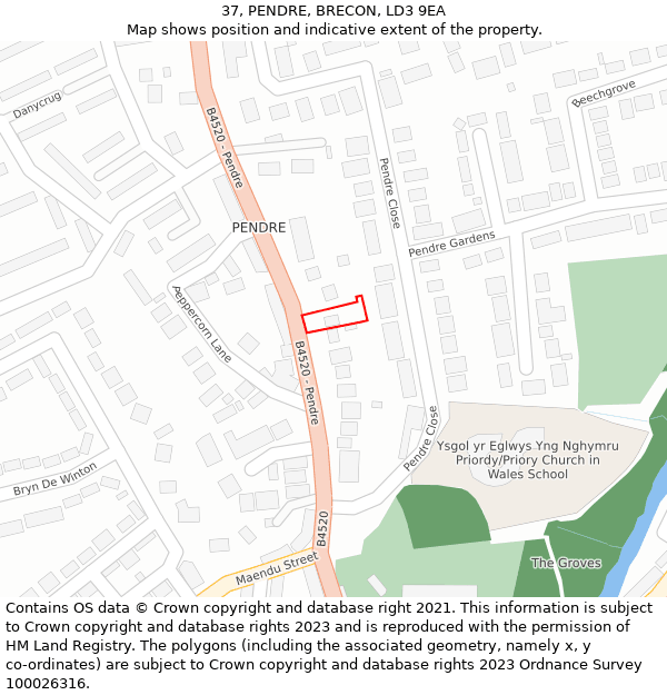 37, PENDRE, BRECON, LD3 9EA: Location map and indicative extent of plot