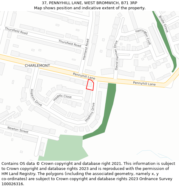 37, PENNYHILL LANE, WEST BROMWICH, B71 3RP: Location map and indicative extent of plot