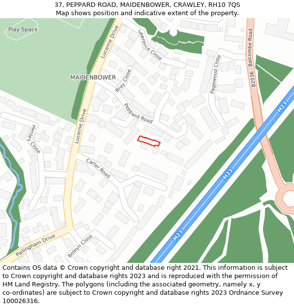 37, PEPPARD ROAD, MAIDENBOWER, CRAWLEY, RH10 7QS: Location map and indicative extent of plot