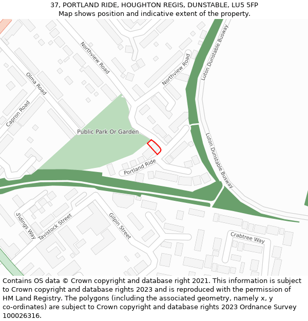 37, PORTLAND RIDE, HOUGHTON REGIS, DUNSTABLE, LU5 5FP: Location map and indicative extent of plot