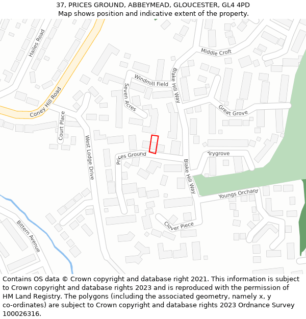 37, PRICES GROUND, ABBEYMEAD, GLOUCESTER, GL4 4PD: Location map and indicative extent of plot