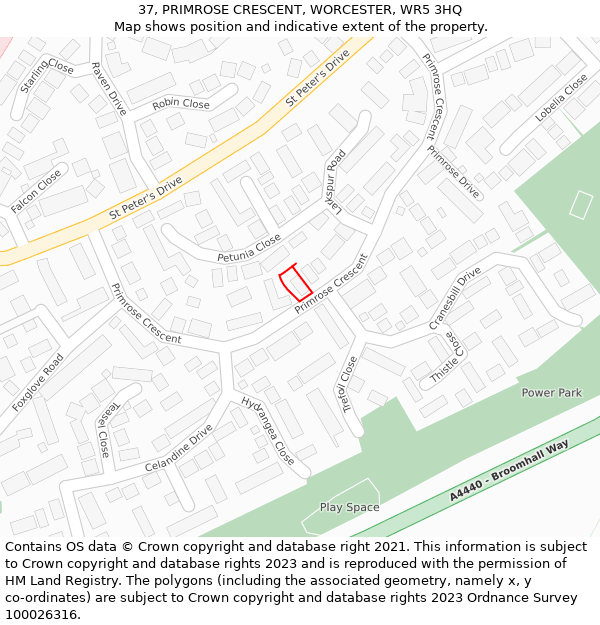 37, PRIMROSE CRESCENT, WORCESTER, WR5 3HQ: Location map and indicative extent of plot
