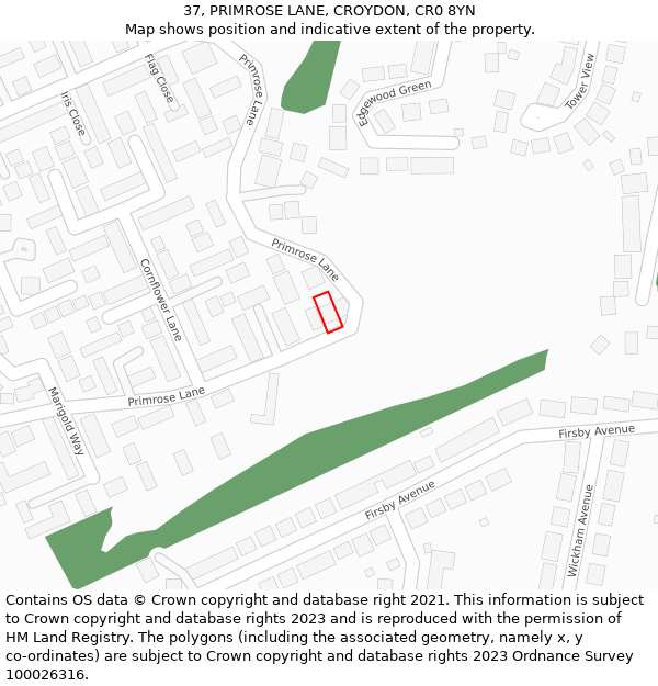 37, PRIMROSE LANE, CROYDON, CR0 8YN: Location map and indicative extent of plot