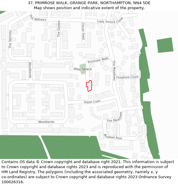 37, PRIMROSE WALK, GRANGE PARK, NORTHAMPTON, NN4 5DE: Location map and indicative extent of plot
