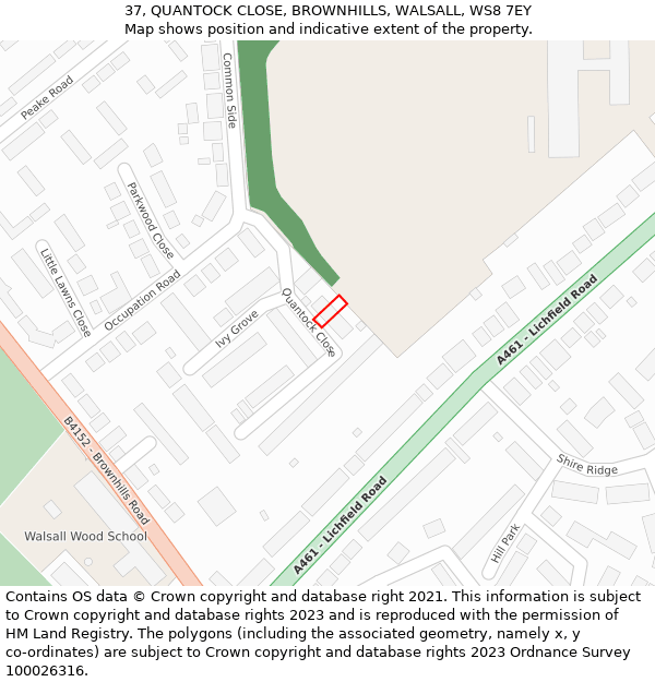 37, QUANTOCK CLOSE, BROWNHILLS, WALSALL, WS8 7EY: Location map and indicative extent of plot