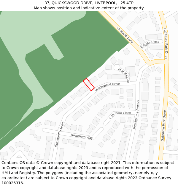 37, QUICKSWOOD DRIVE, LIVERPOOL, L25 4TP: Location map and indicative extent of plot