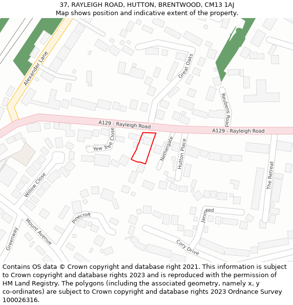 37, RAYLEIGH ROAD, HUTTON, BRENTWOOD, CM13 1AJ: Location map and indicative extent of plot