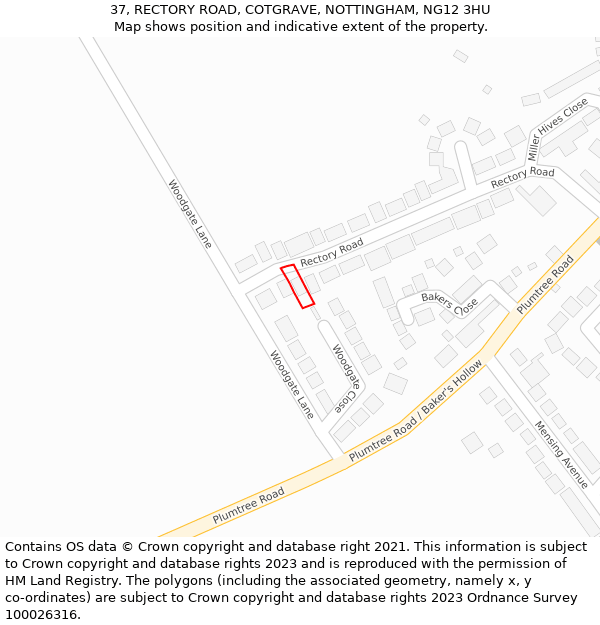 37, RECTORY ROAD, COTGRAVE, NOTTINGHAM, NG12 3HU: Location map and indicative extent of plot