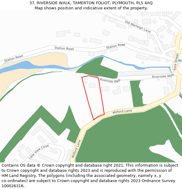 37, RIVERSIDE WALK, TAMERTON FOLIOT, PLYMOUTH, PL5 4AQ: Location map and indicative extent of plot