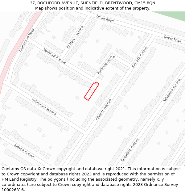 37, ROCHFORD AVENUE, SHENFIELD, BRENTWOOD, CM15 8QN: Location map and indicative extent of plot