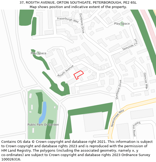 37, ROSYTH AVENUE, ORTON SOUTHGATE, PETERBOROUGH, PE2 6SL: Location map and indicative extent of plot
