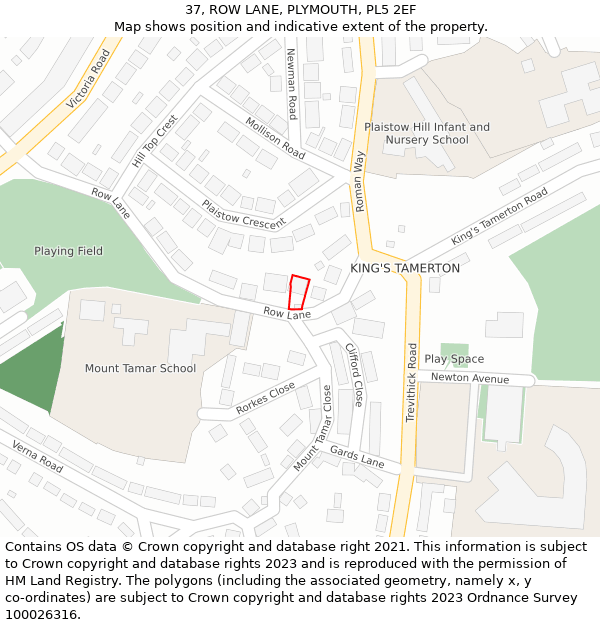 37, ROW LANE, PLYMOUTH, PL5 2EF: Location map and indicative extent of plot