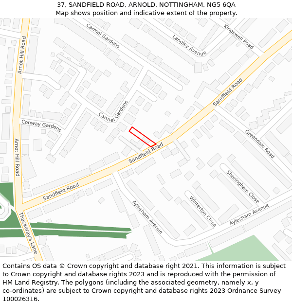 37, SANDFIELD ROAD, ARNOLD, NOTTINGHAM, NG5 6QA: Location map and indicative extent of plot