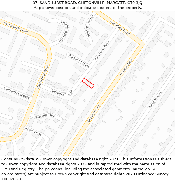 37, SANDHURST ROAD, CLIFTONVILLE, MARGATE, CT9 3JQ: Location map and indicative extent of plot