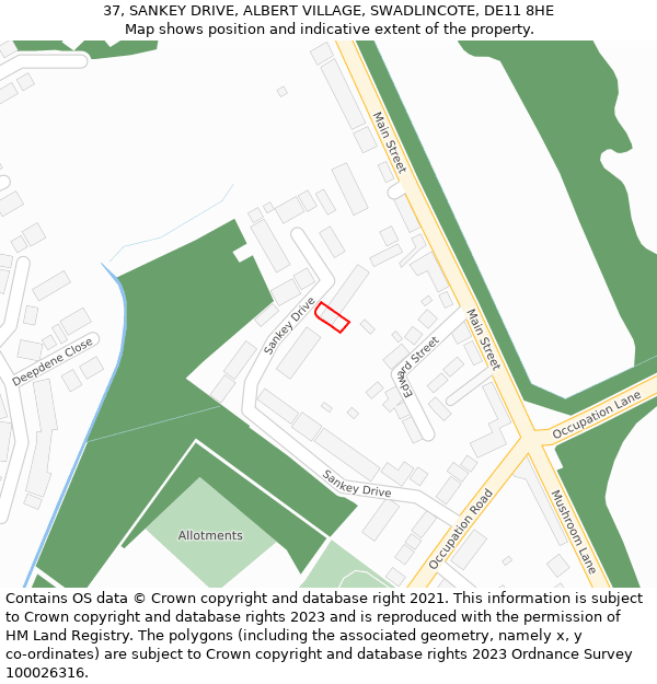 37, SANKEY DRIVE, ALBERT VILLAGE, SWADLINCOTE, DE11 8HE: Location map and indicative extent of plot