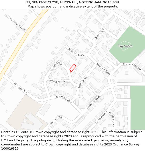 37, SENATOR CLOSE, HUCKNALL, NOTTINGHAM, NG15 8GH: Location map and indicative extent of plot