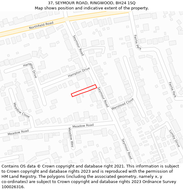 37, SEYMOUR ROAD, RINGWOOD, BH24 1SQ: Location map and indicative extent of plot