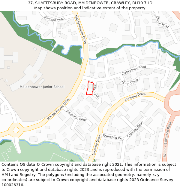 37, SHAFTESBURY ROAD, MAIDENBOWER, CRAWLEY, RH10 7HD: Location map and indicative extent of plot