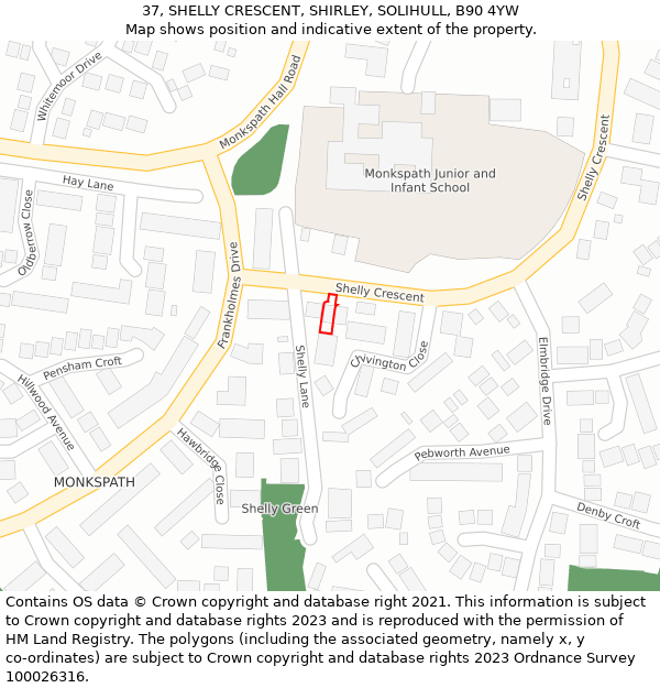 37, SHELLY CRESCENT, SHIRLEY, SOLIHULL, B90 4YW: Location map and indicative extent of plot