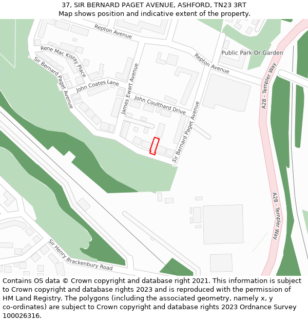 37, SIR BERNARD PAGET AVENUE, ASHFORD, TN23 3RT: Location map and indicative extent of plot