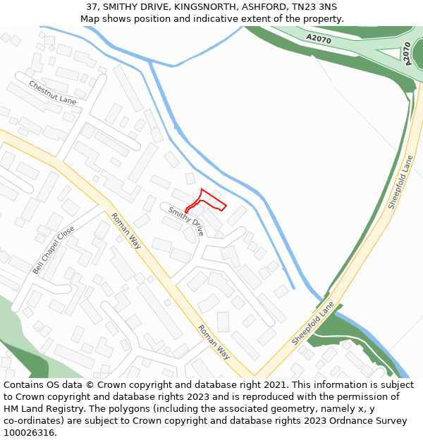 37, SMITHY DRIVE, KINGSNORTH, ASHFORD, TN23 3NS: Location map and indicative extent of plot