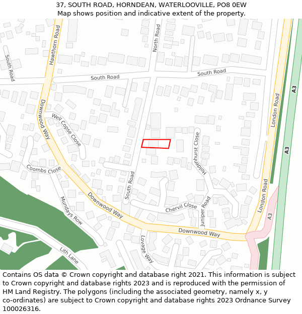 37, SOUTH ROAD, HORNDEAN, WATERLOOVILLE, PO8 0EW: Location map and indicative extent of plot