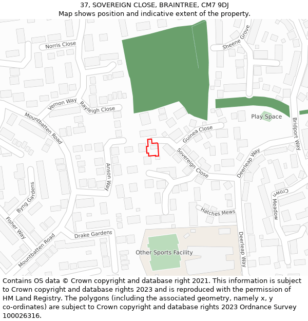 37, SOVEREIGN CLOSE, BRAINTREE, CM7 9DJ: Location map and indicative extent of plot