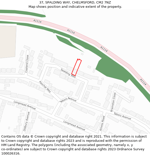 37, SPALDING WAY, CHELMSFORD, CM2 7NZ: Location map and indicative extent of plot