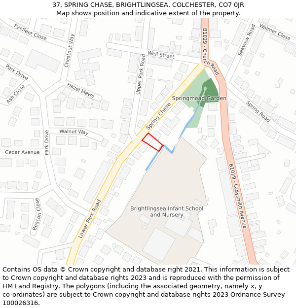 37, SPRING CHASE, BRIGHTLINGSEA, COLCHESTER, CO7 0JR: Location map and indicative extent of plot