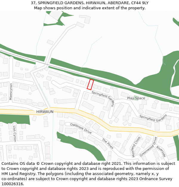 37, SPRINGFIELD GARDENS, HIRWAUN, ABERDARE, CF44 9LY: Location map and indicative extent of plot